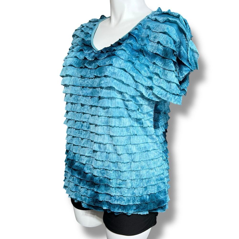 Notations Womens Blouse Top Shirt Ruffled Fringe V Neck Short Sleeve Blue 1X - Picture 6 of 9